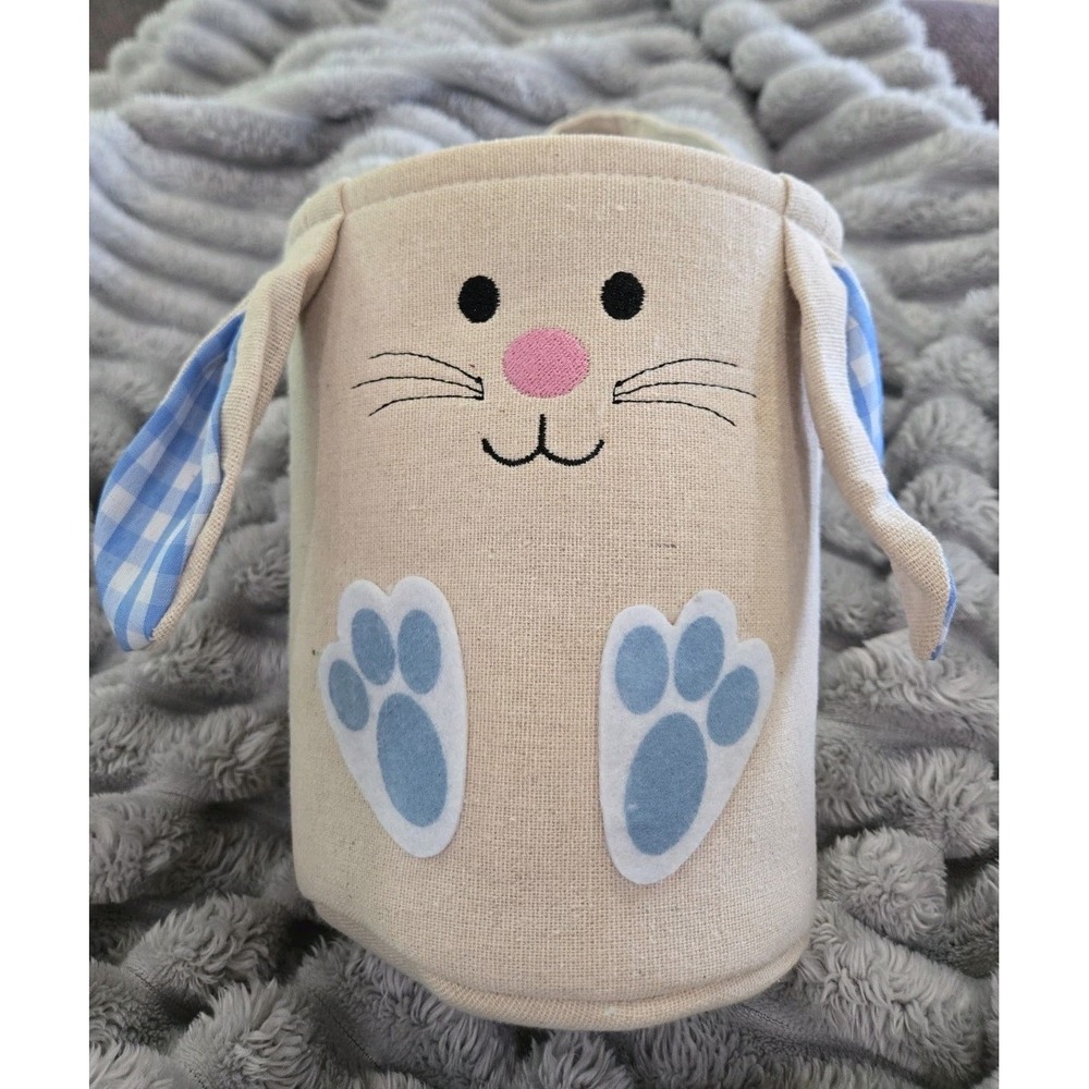 Easter Bunny Basket Canvas Tote Bag Blue Gingham Ears Paw Print Fabric Bucket
